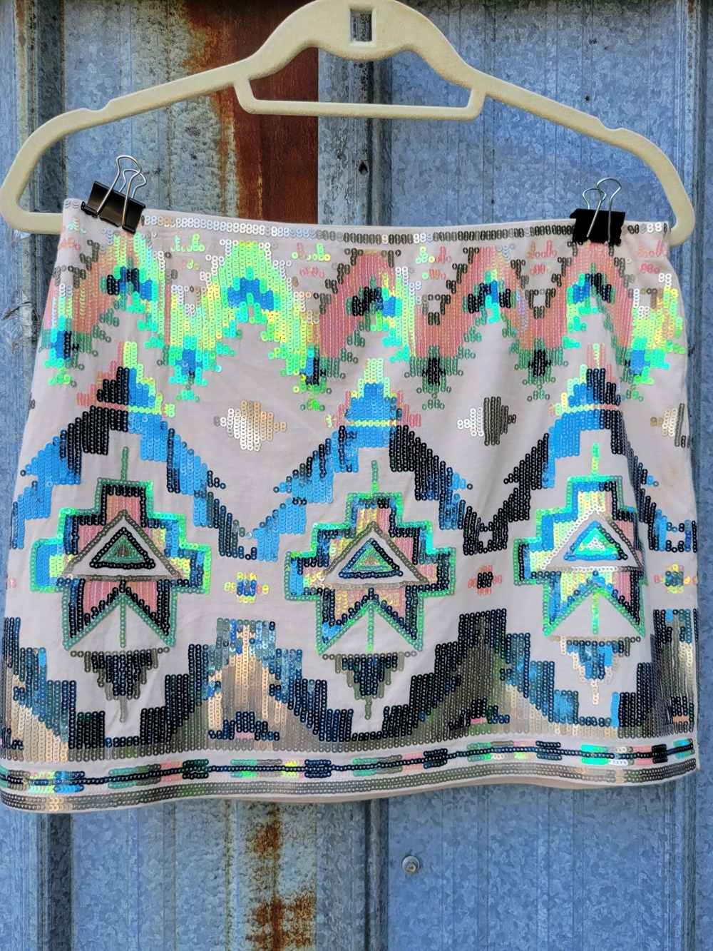Express Iridescent Sequin Mini Skirt in Pink and Blue Accents